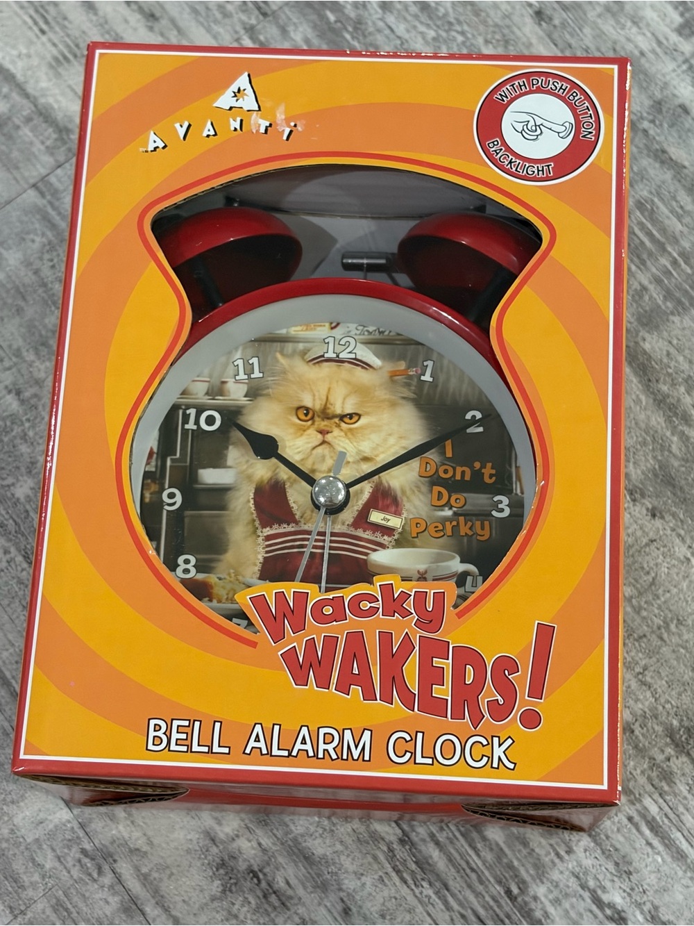 Avanti Orange and Red Wacky Wakers Bell Alarm Clock with Cat Face Dial